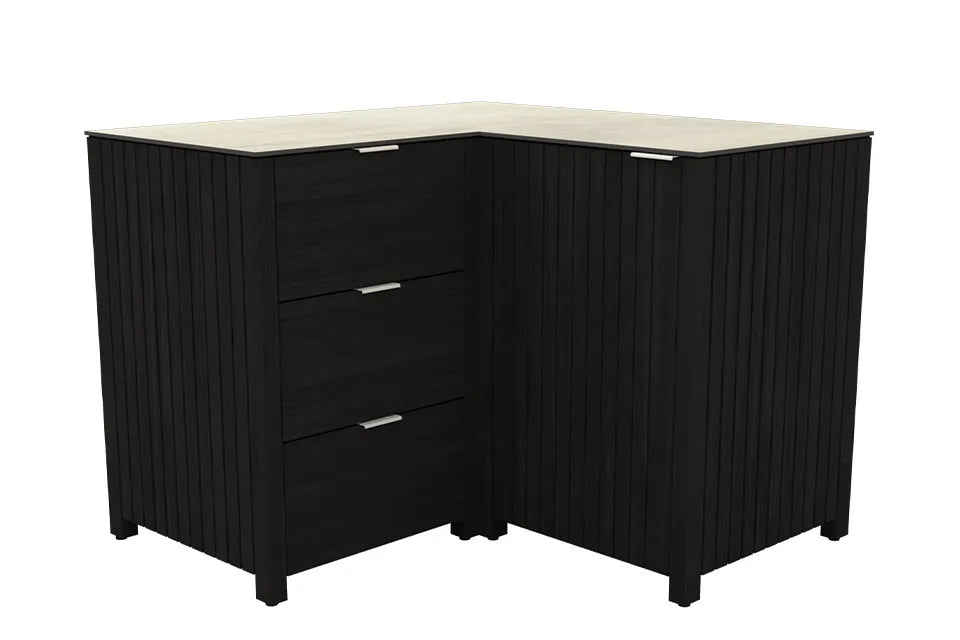 Passion Grills | Leon Außenküchenschrank Eckschrank 3 Schubladen + Tür | 118 x 118 cm