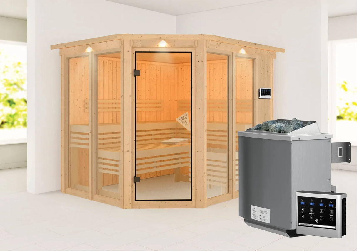Karibu | Ainur 3 Sauna mit Dachkranz | Bio-Ofen 9 kW externe Steuerung