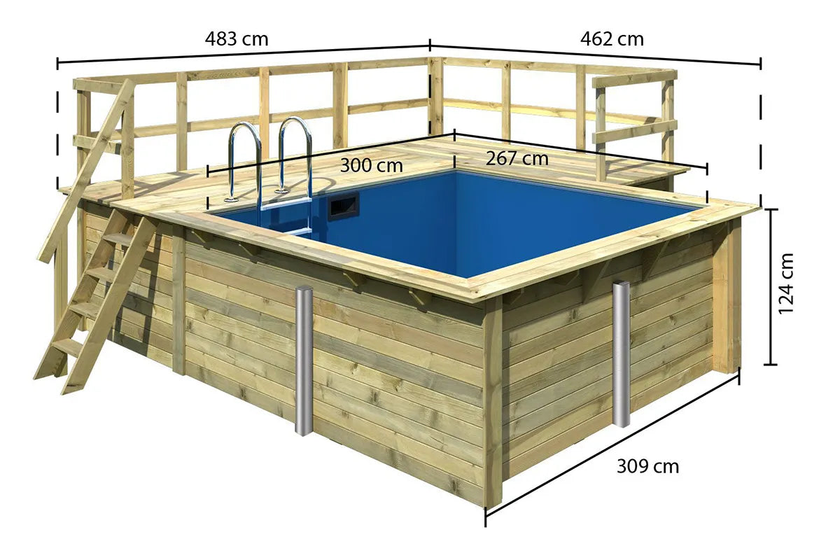 Karibu | Rechteckiger Pool 1 mit Filterpaket Klein und Terrasse 3,5 und Seiten-Terrasse