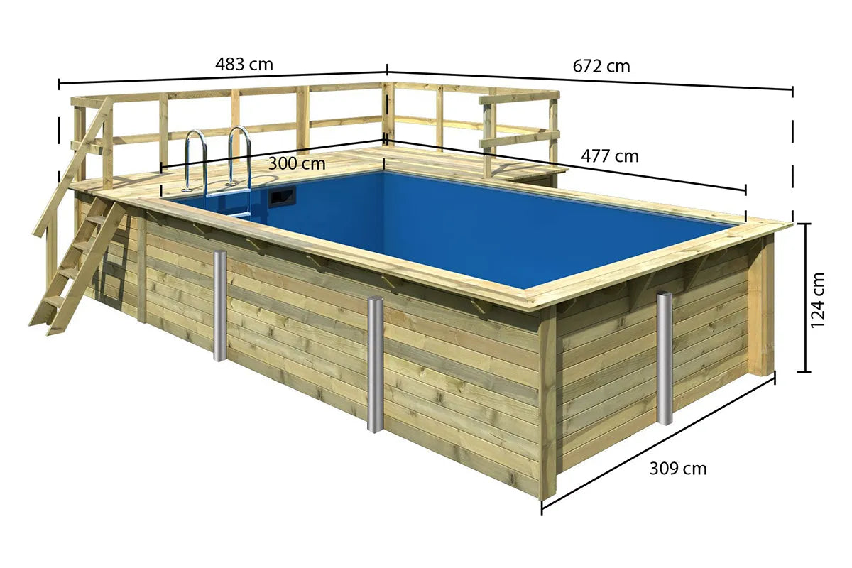 Karibu | Rechteckiger Pool 3 mit Filterpaket Klein und Terrasse 3,5 und Seiten-Terrasse