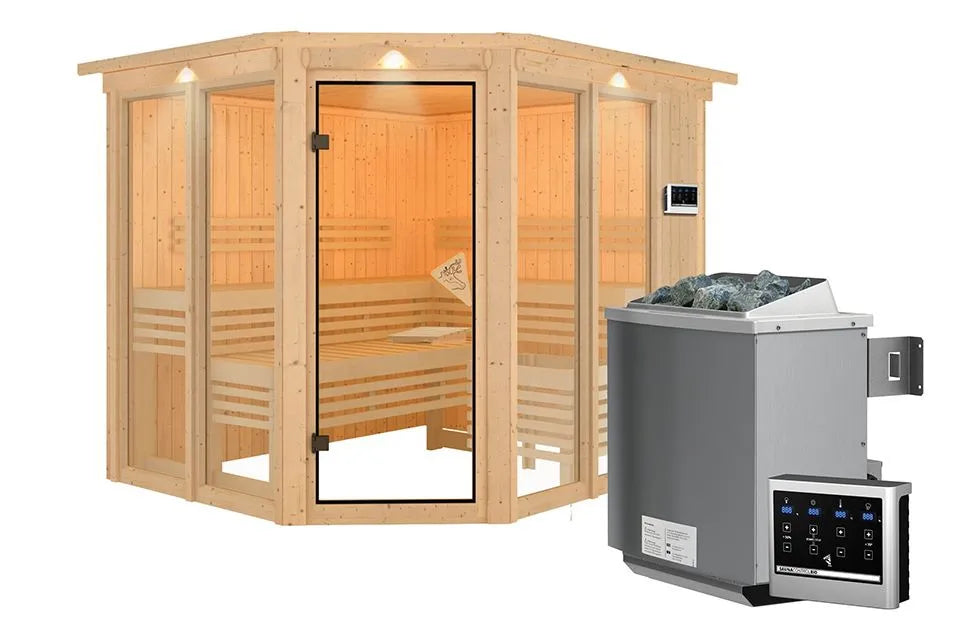 Karibu | Ainur 3 Sauna mit Dachkranz | Bio-Ofen 9 kW externe Steuerung