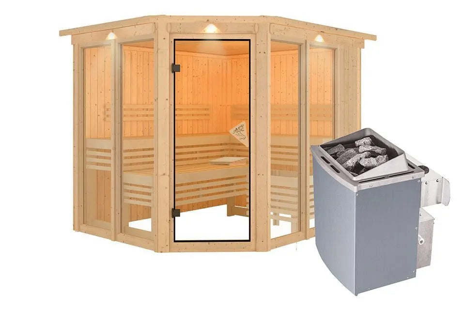 Karibu | Ainur 3 Sauna mit Dachkranz | Ofen 9 kW Integrierte Steuerung