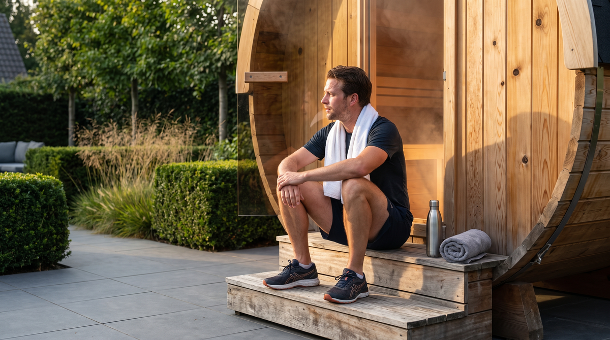 Persoon in sportkleding met een handdoek om de nek zit op het trapje van een houten barrelsauna.