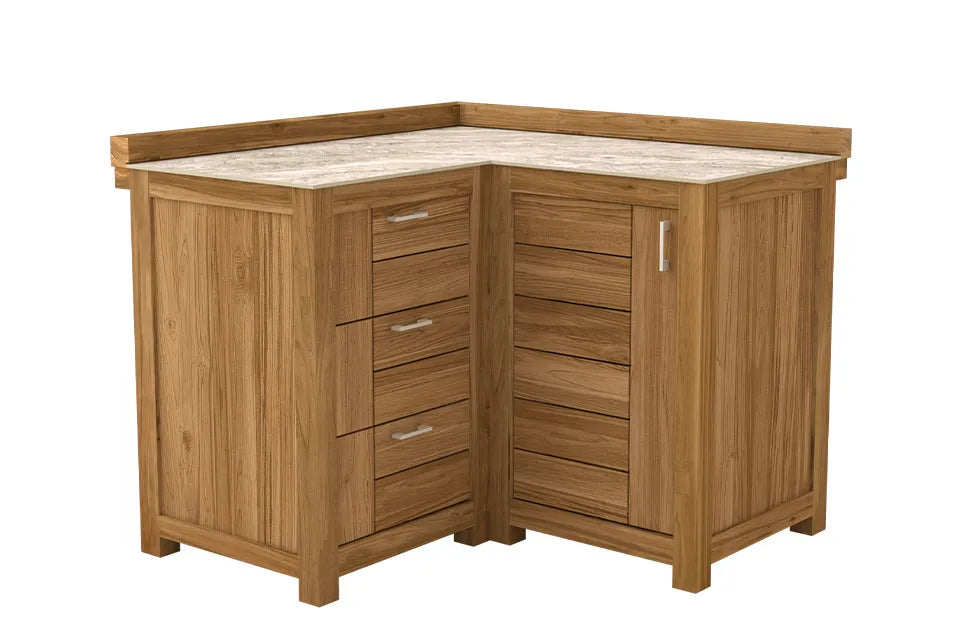 Passion Grills | Milano Outdoor-Küchenschrank Eckschrank 3 Schubladen + 1 Tür | 120 x 120 cm | Albastro Cream