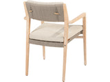Julia tuinstoel van 4 Seasons Outdoor van achteren, met licht houten frame, geweven rugleuning en licht zitkussen.
