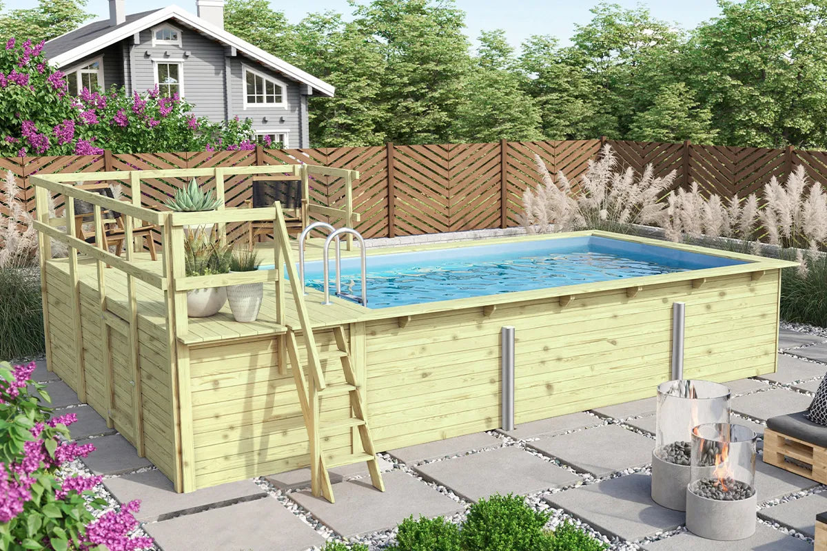 Karibu | Rechteckiger Pool 3 mit Terrasse 3,5 und Seiten-Terrasse