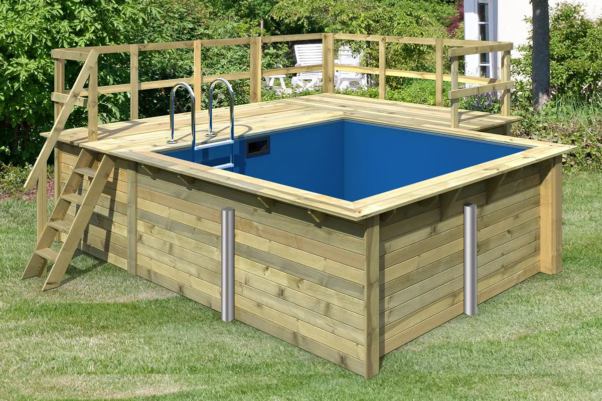 Karibu | Rechteckiger Pool 1 mit Filterpaket Klein und Terrasse 3,5 und Seiten-Terrasse