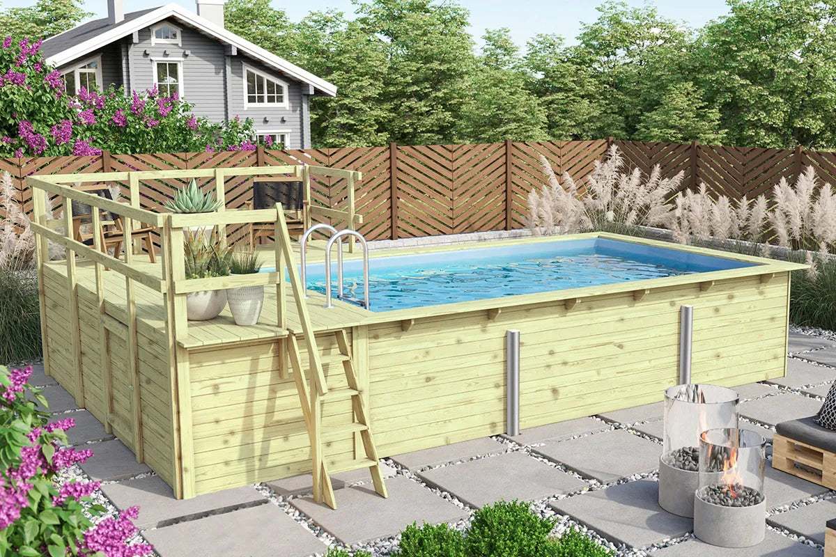 Karibu | Rechteckiger Pool 3 mit Filterpaket Klein und Terrasse 3,5 und Seiten-Terrasse