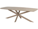 Tuintafel uit de Fabrice tuinset van 4 Seasons Outdoor, met afgerond licht tafelblad en taupekleurig stervormig onderstel.