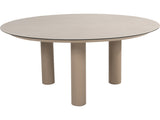 Ronde taupekleurige tuintafel uit de Puccini tuinset van 4 Seasons Outdoor, met drie brede cilindervormige poten.
