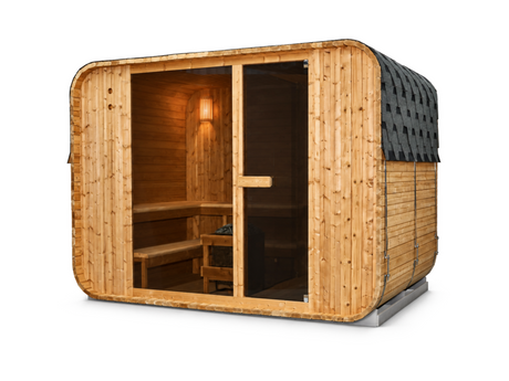 Passion Cube Luxury 300 Multiroom sauna schuin van voren, met houten wanden en een glazen front.