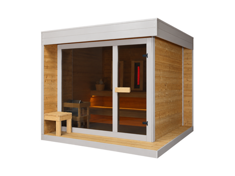 Passion Sauna House Olivin 230 met glazen front, houten wanden en wit dak, schuin van voren.