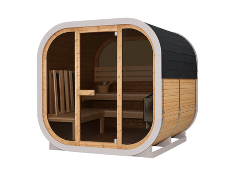 Passion Cube Diamond 220 sauna schuin van voren, met afgeronde hoeken, houten bekleding en glazen front.