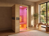 Fonteyn Joanne 1 infraroodcabine met glazen deur en roze verlicht interieur in een lichte kamer.