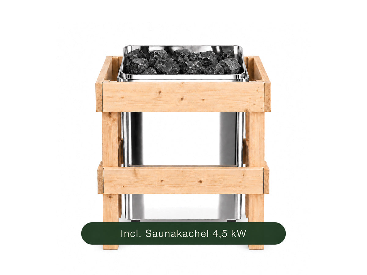 Saunakachel met stenen en houten beschermrek voor de Fonteyn Retreat 150; afgebeeld met vermelding van 6 kW.